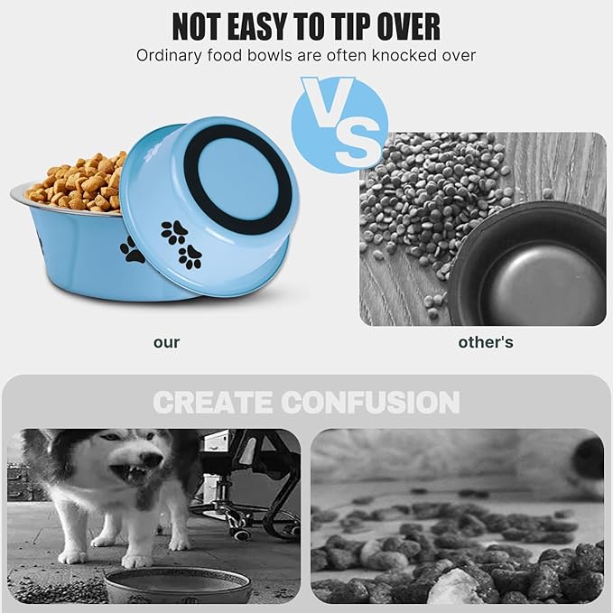 Stainless Steel Dog Bowls, Nonslip Rubber Bottom No Spill Proof Skid Metal Insulated Dog Bowls for Large Medium Small Breed Dogs (Blue, 8.5 Cups/71 OZ)