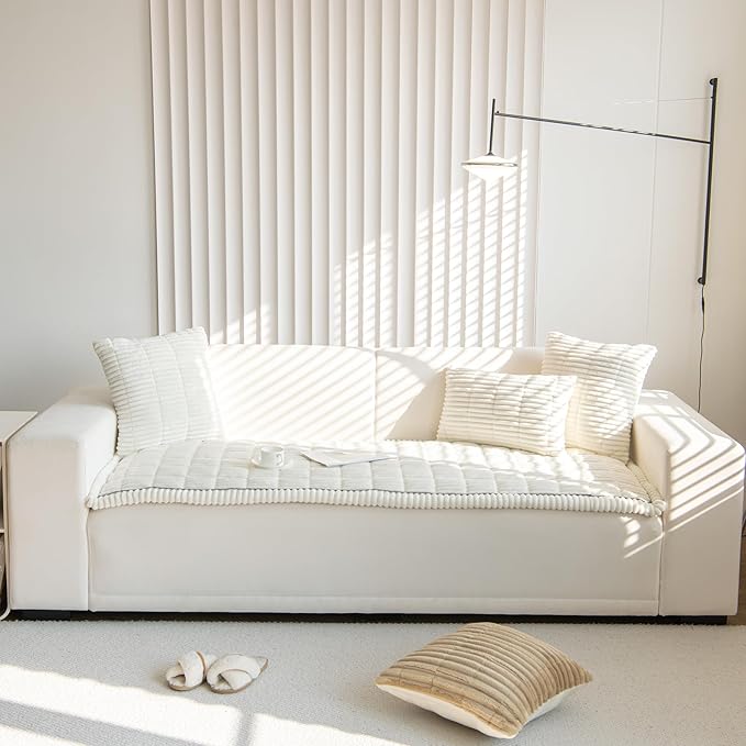 Faux Fur Plush Dog Couch Cover 3D Stripe Fuzzy Sofa Cover Non-Slip Fluffy Dog Bed Cover Pet Blanket Sofa Couch Furniture Protector for Puppy Large Dog Cat (Cream,35"x70")