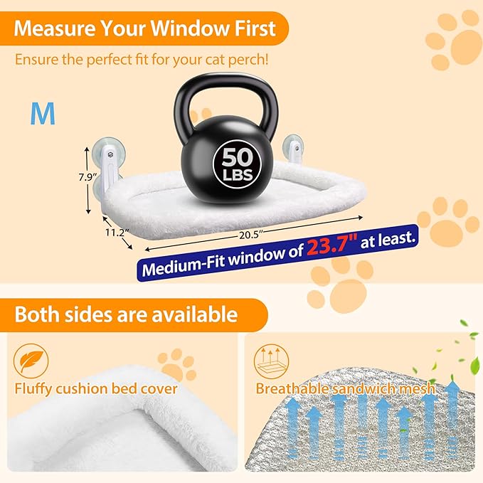 L&W BROS. 2PC Heated Cat Window Perch Adjustable Thermostat & Timer, Dual Window Hammocks with 8 Strong Suction Cups, Easy-to-Clean Warm Beds for Multi Cats Homes, Holds Up to 50lbs Each (M 2PC)