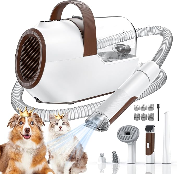 Dog Grooming Vacuum, Dog Grooming Kit with Pet Clipper Nail Grinder, 3 Suction Modes Dog Brush Vacuum with 6 Pet Grooming Tools (Coffee)