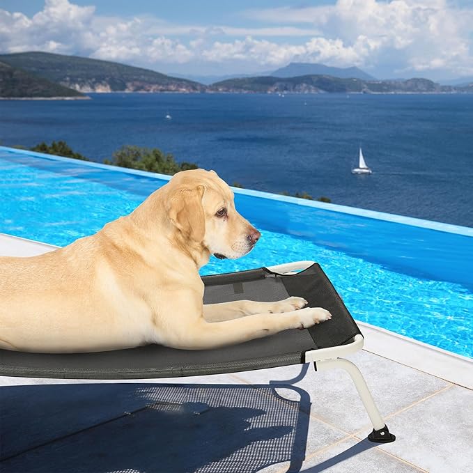 Veehoo Elevated Dog Bed for Outdoor, Cooling Waterproof Raised Dog Cots Beds for Large Dogs, Curved Off Ground Pet Hammock Cot Lifted for Outside, up to 85lbs, White Legs, Black 42"