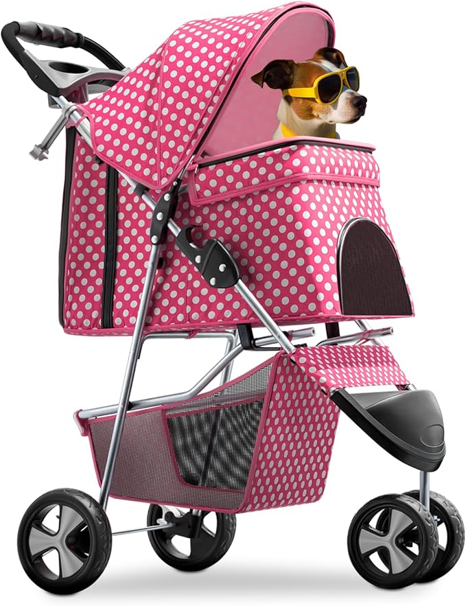 Magshion 3-Wheel Pet Stroller, Foldable Travel Jogger for Small & Medium Dogs & Cats (Up to 33lbs), Lightweight Carrier with Breathable Mesh Cover, Cup Holder & Storage Basket, Hot Pink Polka Dots