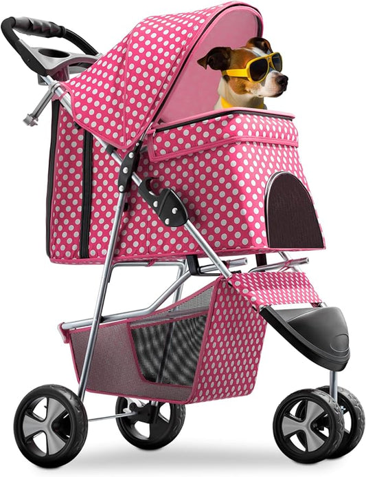 Magshion 3-Wheel Pet Stroller, Foldable Travel Jogger for Small & Medium Dogs & Cats (Up to 33lbs), Lightweight Carrier with Breathable Mesh Cover, Cup Holder & Storage Basket, Hot Pink Polka Dots