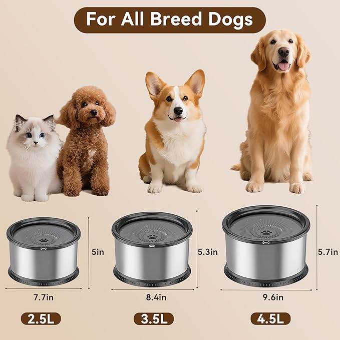 2PCS 2.5L No Spill Dog Water Bowl 84oz Stainless Steel Slow Water Bowls for Small Medium Dogs Splash Proof Pet Bowl with Anti-Slip Mat for Sloppy Messy Drinkers and Cats