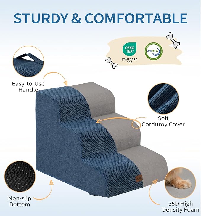 Made4Pets Dog Stairs Ramp for Bed, 4-Step Dog Steps for High Bed Couch Sofa Climbing, 35D Foam Pet Steps for Small Dogs and Cats, Non-Slip Bottom Pet Stairs, Navy