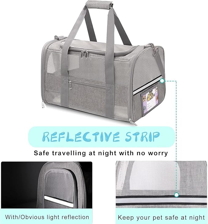 Cat Carrier Pet Carrier for Small Dogs Cats Puppies Under 15 Lbs, TSA Airline Approved Carrier Bag Soft Sided Dog Travel Carriers, Cat Carriers with Reflective Strip, Grey