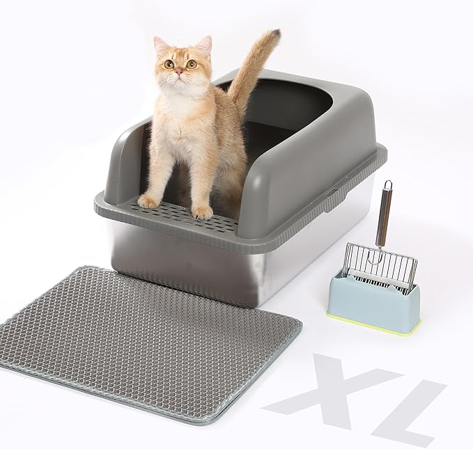Stainless Steel XL Cat Litter Box for Big Cats- Metal Extra Large Litter Box with Lid, Include Metal Litter Scoop,Mat. High Sided with Guard Prevent Splashing. No Smell, Always New After Clean.
