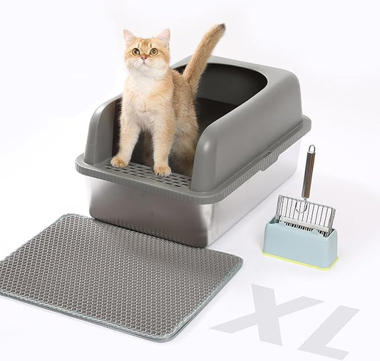 Stainless Steel XL Cat Litter Box for Big Cats- Metal Extra Large Litter Box with Lid, Include Metal Litter Scoop,Mat. High Sided with Guard Prevent Splashing. No Smell, Always New After Clean.
