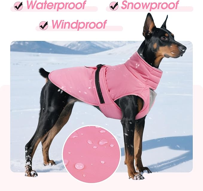 Medium Dog Coat, Warm Dog Winter Jacket, Waterproof Dogs Snowsuit with Foldable High Collar, Reflective Strips, Leash Hole, and Adjustable Hook & Loop Closure - Ideal for Cold Weather - Pink M