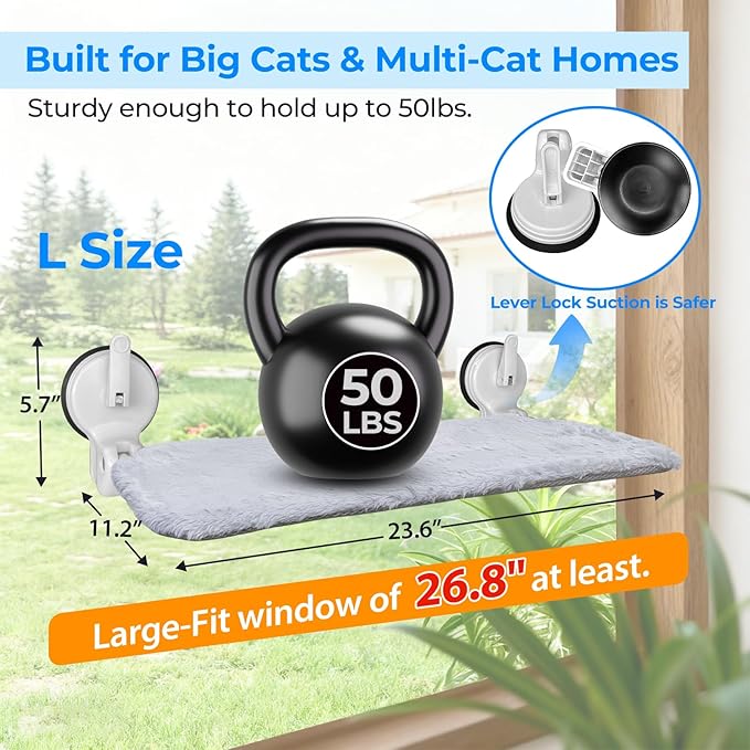 L&W BROS. Cat Window Perch with Lever Lock Suction Cups Holds up to 50 lbs Foldable & Space Saving Design Heavy Duty Window Hammock for Large Cats (L 1Pc)