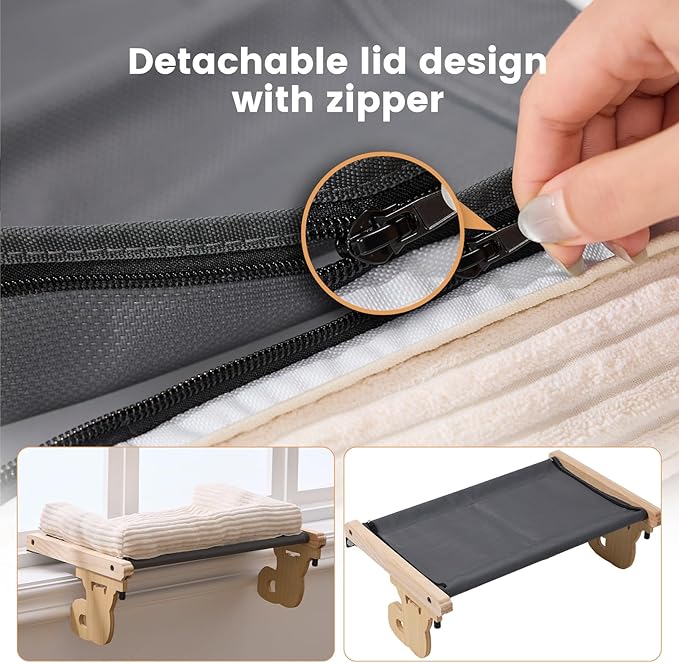 Gardner Pet Cat Window Perch, 2 in 1 Cat Hammock Window Sill Seat with Cushion, Adjustable Cat Bed for Window sill, Wood & Metal Frame for Large Cats(Beige)