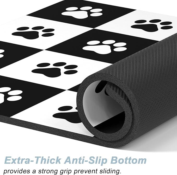 Rnivvi Dog Food Mat, 12" x 19" Footprint Absorbent Dog Cat Bowl Mat for Food and Water, Cute Anti-Slip Rubber Pet Feeding Rug Protect Floors, Puppy Placemat for Feeding & Watering Supplies,Black White