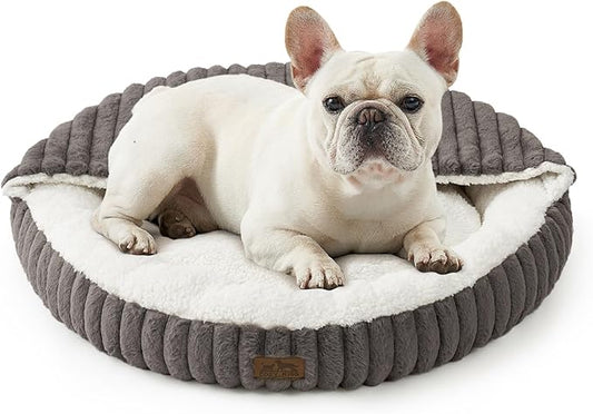 Small Dog Bed with Hooded Blanket, Round Fluffy Anti-Anxiety Pet Bed for Small Dogs & Medium Dogs, Cozy Donut Cuddler with Machine Washable Faux Fur & Anti-Slip Bottom(26"×26"×7",Grey)