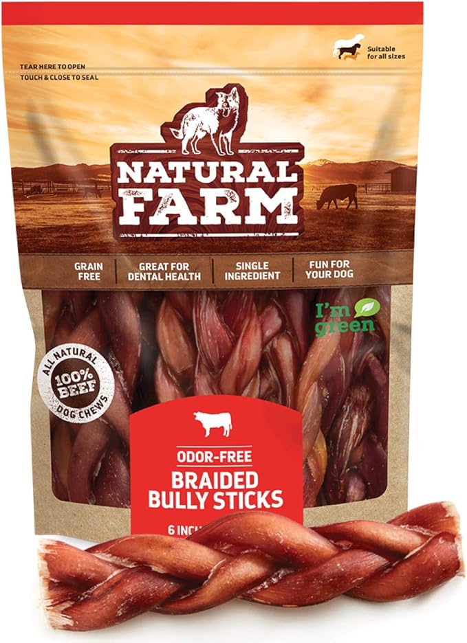 Natural Farm Odor-Free Braided Bully Sticks (6 Inch, 5 Pack) - 100% Grass-Fed Beef, Grain-Free, Low Fat & Fully Digestible Best Dental Treats - Safest Long Lasting Pizzle Chews to Keep Your Dog Busy