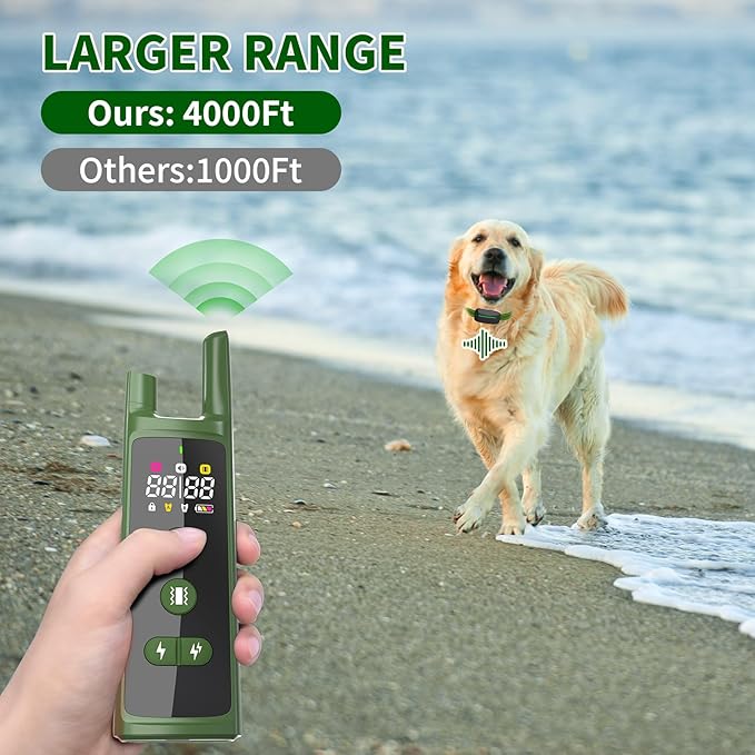 Dog Training Shock Collar 4000FT Dog Bark Collar with Remote IP67 Waterproof 4 Training Modes Beep Vibration Shock Light Mode Magnetic Charger Electric Dogs Collar 8-25 inches Double shock Olive Green