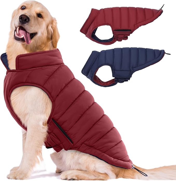 Lelepet Reversible Dog Coat Waterproof Dog Jacket Windproof Puffer Vest for Winter Warm Lightweight Coats for Large Dogs Adjustbale Hook & Loop Pet Apparel with Leash Hole, Boxer, Weimaraner, 2XL