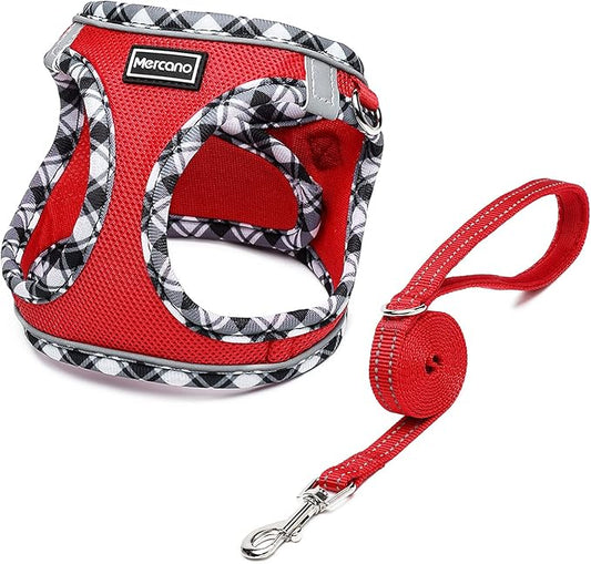 Mercano Soft Mesh Dog Harness and Leash Set, No-Chock Step-in Reflective Breathable Lightweight Easy Walk Vest Harnesses with Safety Buckle for Small Dogs, Cats (Red, XXS)