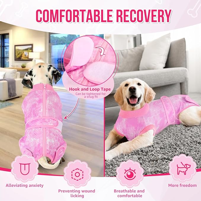 Lukovee Recovery Suit for Dogs, Zipper-On Onesie for Female Male Dog, Abdominal Wounds Cone E-Collar Alternative, Prevent Licking Spay (4XL, Pink Tie-dye)