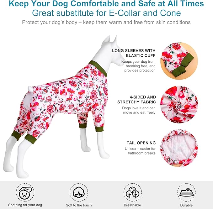 LovinPet Dog Pjs - Medium Dog Anxiety Relief Pajamas, Anti-Licking Recovery Onesie, White Pink Floral Print, Large