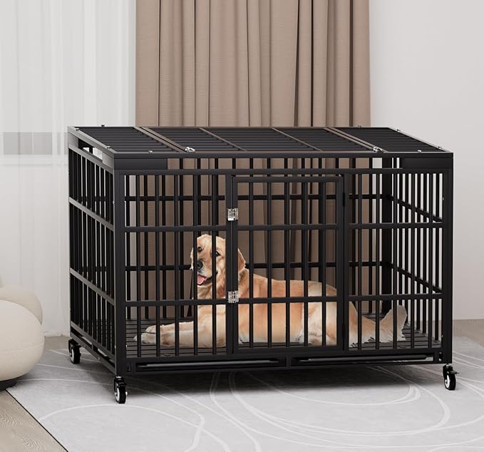 54 Inch Heavy Duty Dog Crate with Wheels，Indestructible Escape-Proof Dog Cage for Large Dogs, Extra Large XL XXL Indestructible Dog Crate with Removable Tray.