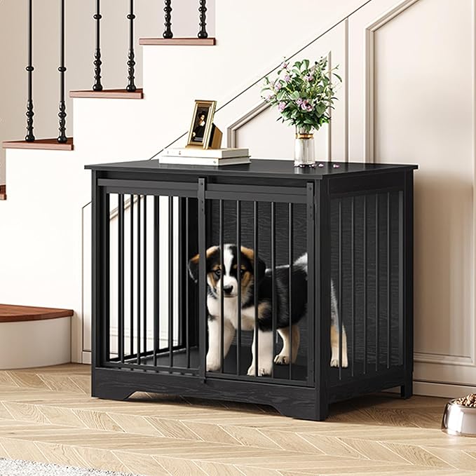 31.9" Dog Crate Furniture with Barn Door, Heavy Duty Dog Kennel Indoor with 2 Doors, Wooden Pet Cage End Table for Small Medium Dogs up to 44 lb, Anti-Chew Anti-Escape, Black DFC83604B