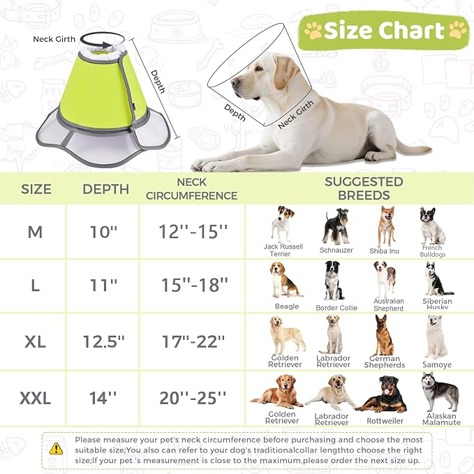Soft Dog Cone Collar After Surgery Recovery,Adjustable E-Collar with Removable Shield,Lightweight,Breathable Anti-Licking Protective Cone for Large,Medium,Small Pets (Neon Green, XXL(Neck:20''-25''))