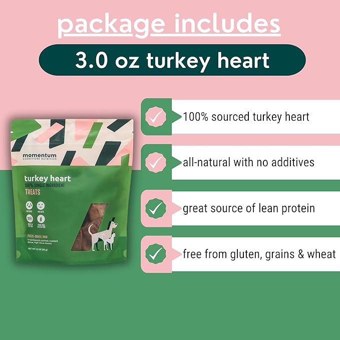Momentum Carnivore Nutrition Freeze-Dried Turkey Heart Dog Treats – Single-Ingredient, Dog & Cat Treats – High-Protein, Grain-Free– 3 oz Bag