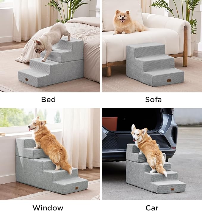 Made4Pets Dog Stairs for High Bed, Extra Wide Pet Stairs for Bed Couch Sofa, 35D Foam Pet Steps for Small Dogs and Cats(Up to 40lbs), Non-Slip Bottom Dog Steps, Light Grey, 5 Steps