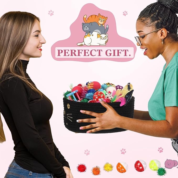 Zopeal 58 Pcs Cat Storage Basket Gift Toys Set, Colorful Flashing Balls Pet Bell Crinkle Balls Spring Toys Attract Cat to Swat, Bite, Hunt, Interactive for Pet(Black,9.8 Inch)
