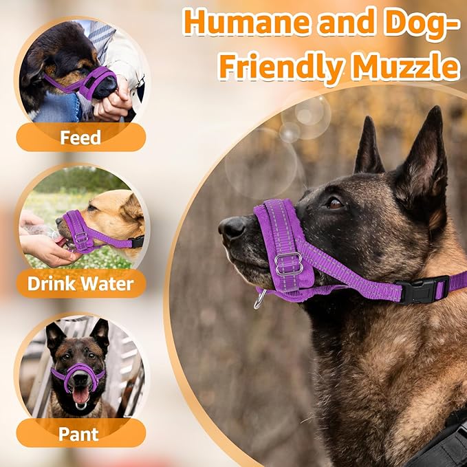 SlowTon Soft Dog Muzzle, Adjustable Padded Nylon Muzzle for Large Medium Dogs Anti Chewing Barking Biting, Allow Dog Pant & Drink (Purple, L)