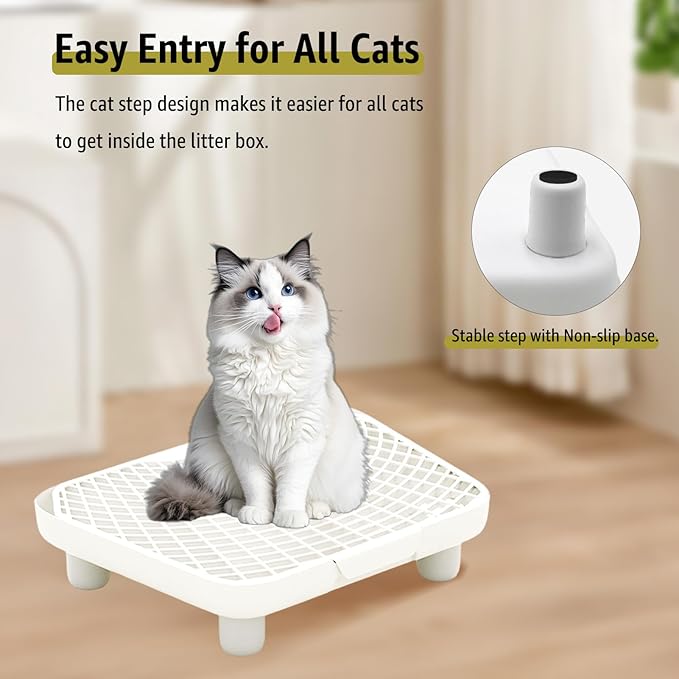 Litter Box Step, Litter Box Ramp with Anti Slip Base & Guard Cat Step 3.5 in/9 cm High – Dust‑Control Trapezoid PP Cat Ramps with 1 cm Sand Filter Gap & Removeable Design + 2 Sisal Balls