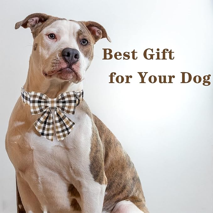 Unique style paws Christmas Dog Collar with Bow Tie Brown Plaid Puppy Collar for Small Medium Large Dogs as Autumn Winter Pet Gifts-XS
