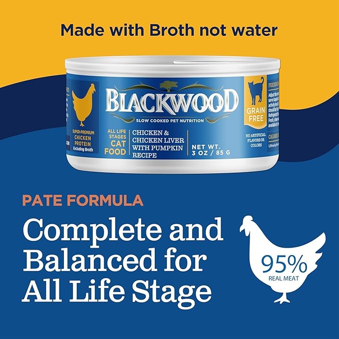 Blackwood Wet Cat Food, Chicken & Chicken Liver with Pumpkin Recipe for All Life Stages, 3 Ounce Can (Pack of 12), Slow Cooked, Grain Free