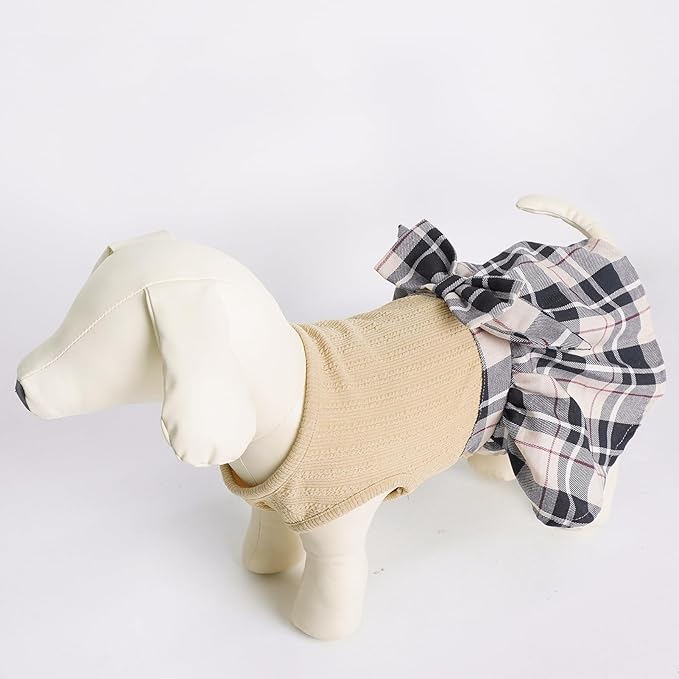 PUPTECK Classic Plaid Dog Dress Pet Apparel with Cute Bowtie Puppy Clothes Outfit,Cream,XS