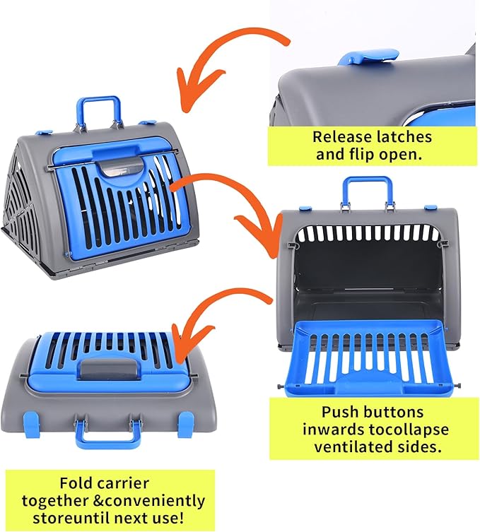 Foldable Travel Cat Carrier, Small Cat Carrier Hard Up to 25lbs, 18" Lx14.5 Wx14 H Front Open Type Plastic Cat Carriers, Blue