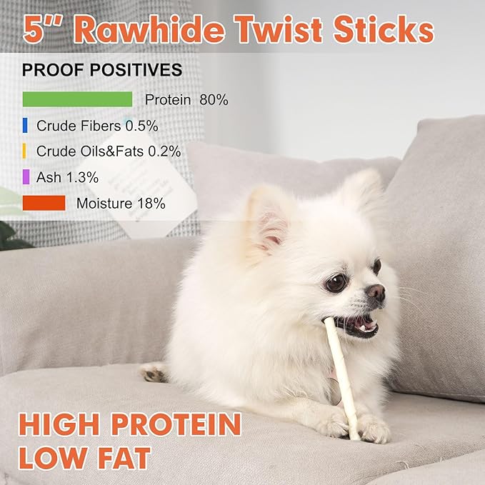 MON2SUN Dog Rawhide Twist Sticks Natural 5 Inch Thin Sticks Rawhide Chews Treats for Puppy and Small Dogs 120 Count