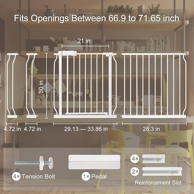 Extra Wide Baby Gate 66.9-71.65 Pressure Mounted,Child Dog Pet Safety Gates with Walk Through Door for Doorways Stairs No Drilling in Door,White