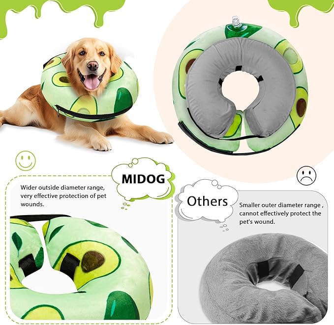 MIDOG Inflatable Dog Cone Alternative for After Surgery - Soft Protective Donut Collar Prevents Licking, Comfortable Recovery E-Collar Alternative for Small Medium Large Dogs (Avocado,XL)