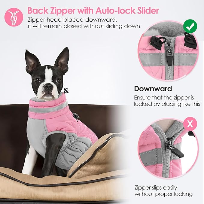 AOFITEE Dog Coat, Warm Dog Jackets for Large Dogs, Reflective Turtleneck Dogs Winter Coat with Harness Built in, Waterproof Windproof Pet Snow Jacket Fleece Vest for Cold Weather, Pink XXL