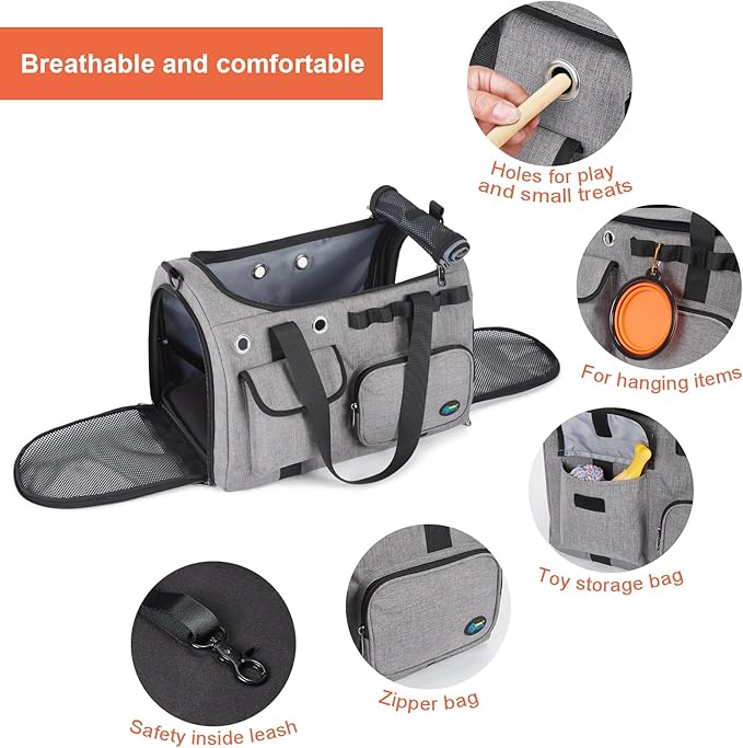 Ownpets Airline Approved Large Cat Carrier - Fits Most Airlines, Foldable Pet Travel Carrier with Metal Frame, Waterproof for Medium Big Cats 20 lbs+ & 2 Kittens/Puppies, Grey (17.7"x11.8"x12.2")