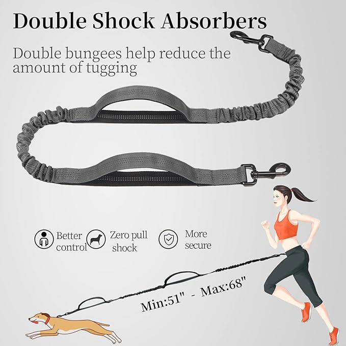 iYoShop Hands Free Dog Leash with Zipper Pouch, Dual Padded Handles and Durable Bungee for Walking, Jogging and Running Your Dog (Large, 25-120 lbs, Grey)