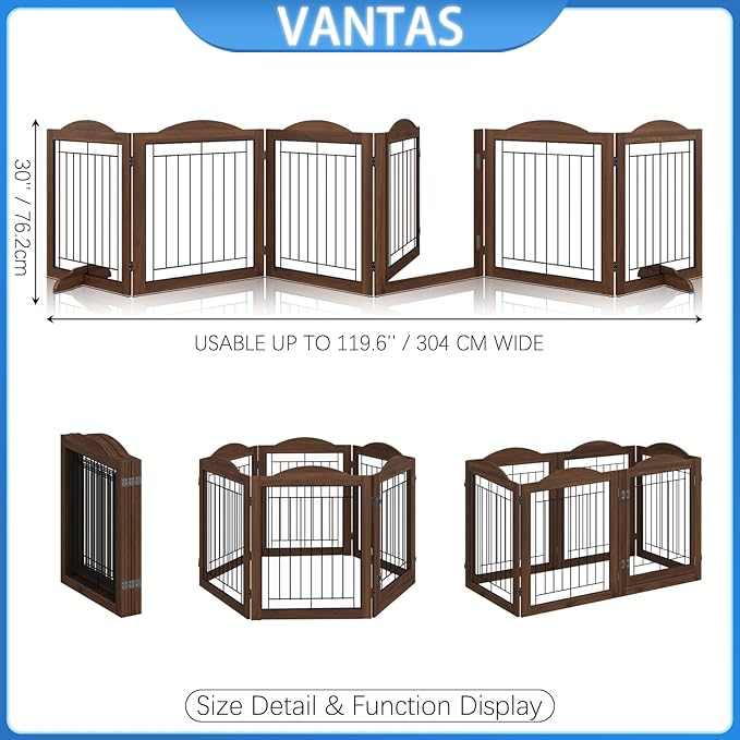 Vantas Folding No-Assembly Dog Door Pet Gate 144" Wide, 30" Tall Wooden Dog Gate with Door Walk Through, Freestanding Wire Pet Gate, Pet Puppy Safety Fence, with 2PCS Support – Brown
