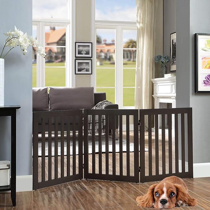 unipaws 24" H Free Standing Pet Gate for Dog Cat, Wooden Dog Gates for Doorway, Stairs, Step Over Foldable Pet Fence for The House, Expandable Dog Barrier, Indoor Use, Espresso