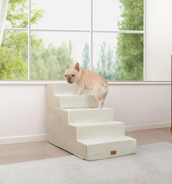 Made4Pets Dog Stairs for High Bed, Extra Wide Pet Stairs for Bed Couch Sofa, 35D Foam Pet Steps for Small Dogs and Cats(Up to 40lbs), Non-Slip Bottom Dog Steps, Beige, 5 Steps