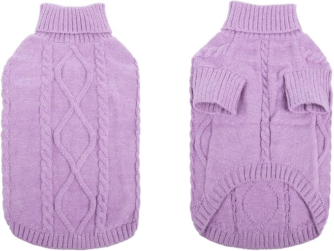 Queenmore Small Dog Pullover Sweater, Cold Weather Cable Knitwear, Classic Turtleneck Thick Warm Clothes for Chihuahua, Bulldog, Dachshund, Pug (Lilac, X-Small)