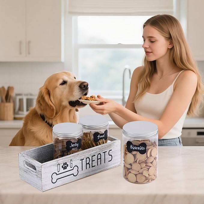 Dog Treat Container Cat Food Organizer with 3 Jars Pet Food Storage Containers Dog Treat Station Cat Treat Storage Farmhouse Decor Gift for Pet