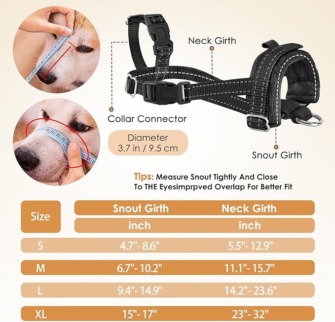 SlowTon Soft Dog Muzzle, Adjustable Padded Nylon Muzzle for Large Medium Dogs Anti Chewing Barking Biting, Allow Dog Pant & Drink（Black,Small