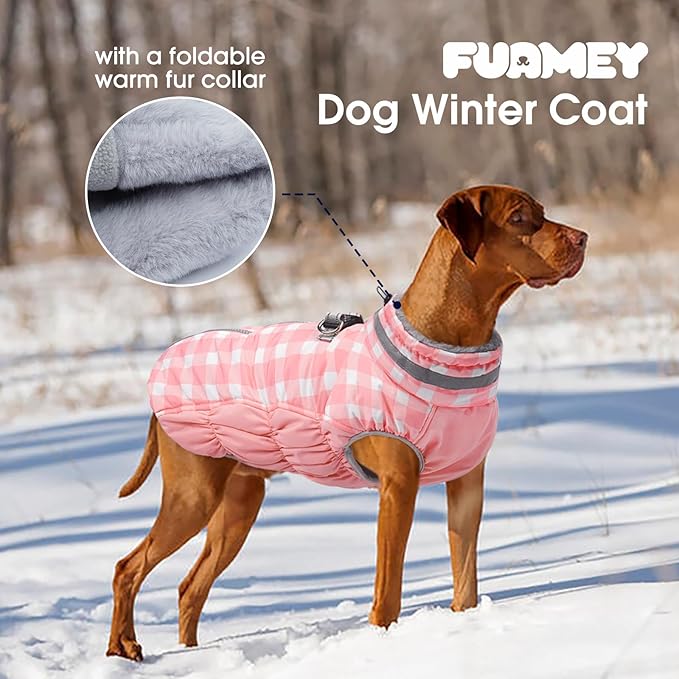 FUAMEY Dog Coat for Large Dogs,Waterproof Dog Winter Jacket with Harness Built in Puppy Cold Weather Coats Reflective Pet Vest with Zipper Warm Fleece Dogs Snowsuit Windproof Pink Plaid 3XL