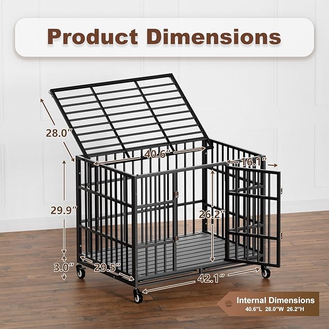 42 Inch Heavy Duty Dog Crate with Wheels，Indestructible Escape-Proof Dog Cage for Large Dogs, Extra Large XL XXL Indestructible Dog Crate with Removable Tray.