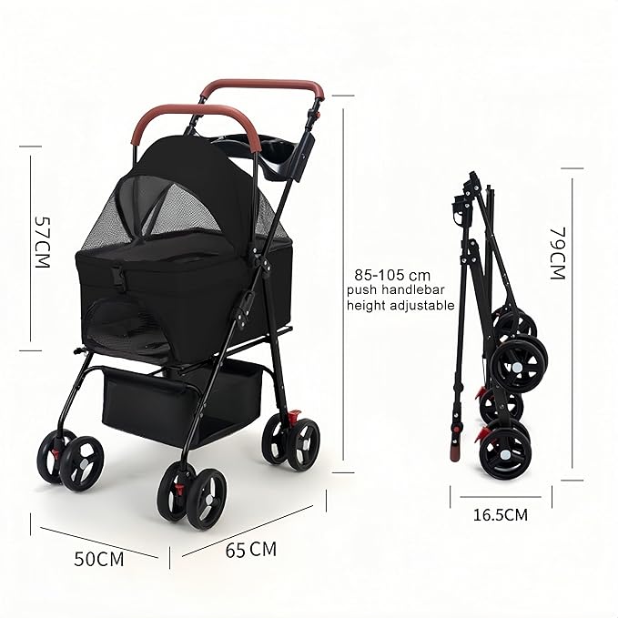 Pet Stroller-Folding 4 Wheels Cat/Dog Stroller for Medium Small Pets with Storage Basket and Cup Holder Suitable for Going Out and Traveling (Black)